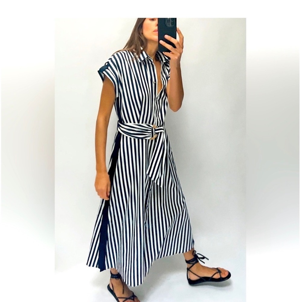 Zara Striped Linen Blend Midi Shirt Dress M Blue White Belted